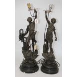 A pair of late 19th century continental spelter figures, each in the form of a male and female in