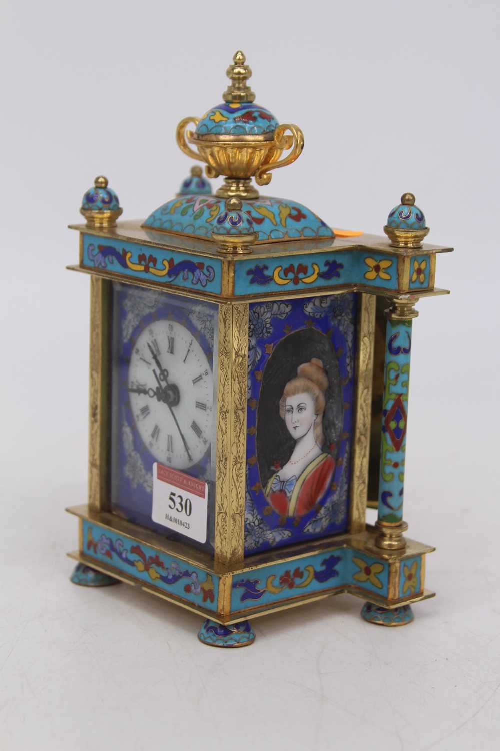 A lacquered brass and cloisonne enamelled timepiece, of architectural form, the dome top - Image 2 of 4