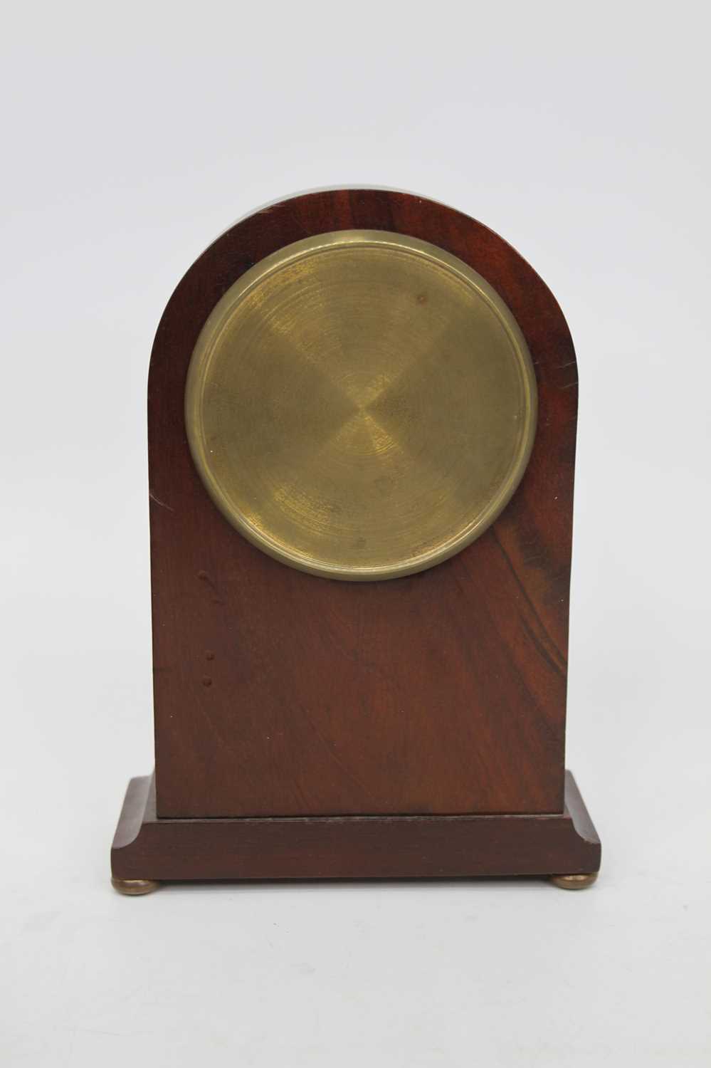 An Edwardian mahogany and boxwood strung dome topped mantel clock, having a convex enamel dial - Image 2 of 3