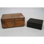 A Victorian walnut jewellery box, the hinged lid with brass shield shaped cartouche and opening to