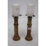 A pair of 19th century lanterns, each having an opalescent shade on telescopic brass column and