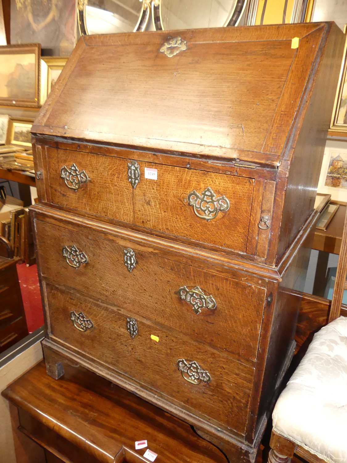 An early 19th century provincial oak slope front three-drawer writing bureau, width 72cm - Image 3 of 4