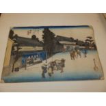 Japanese school - Processional scene, woodblock print, signed and with studio seal, 22 x 35cm,