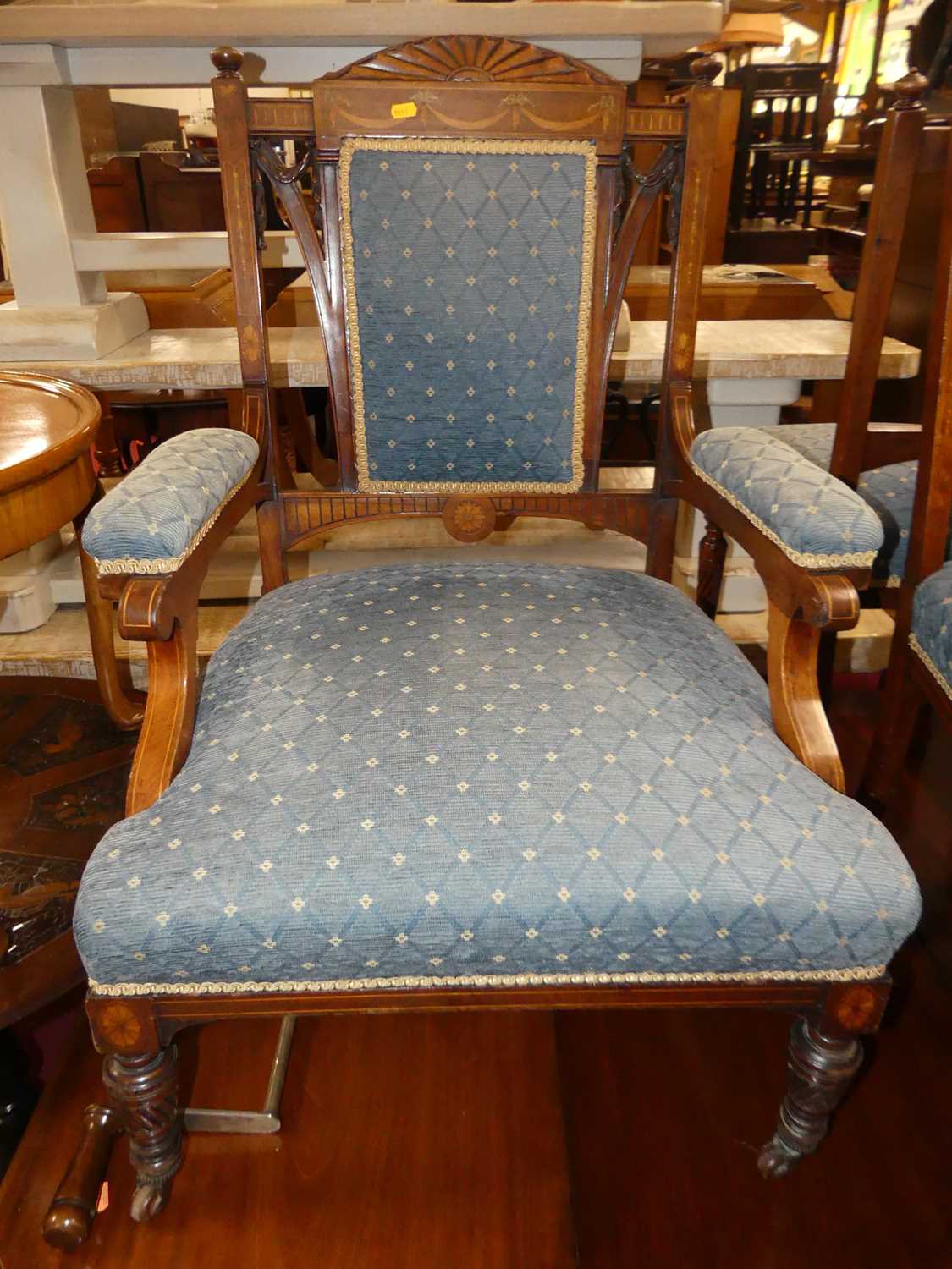 An Edwardian mahogany and floral satinwood inlaid eight-piece salon suite, comprising; lady's and - Image 2 of 4