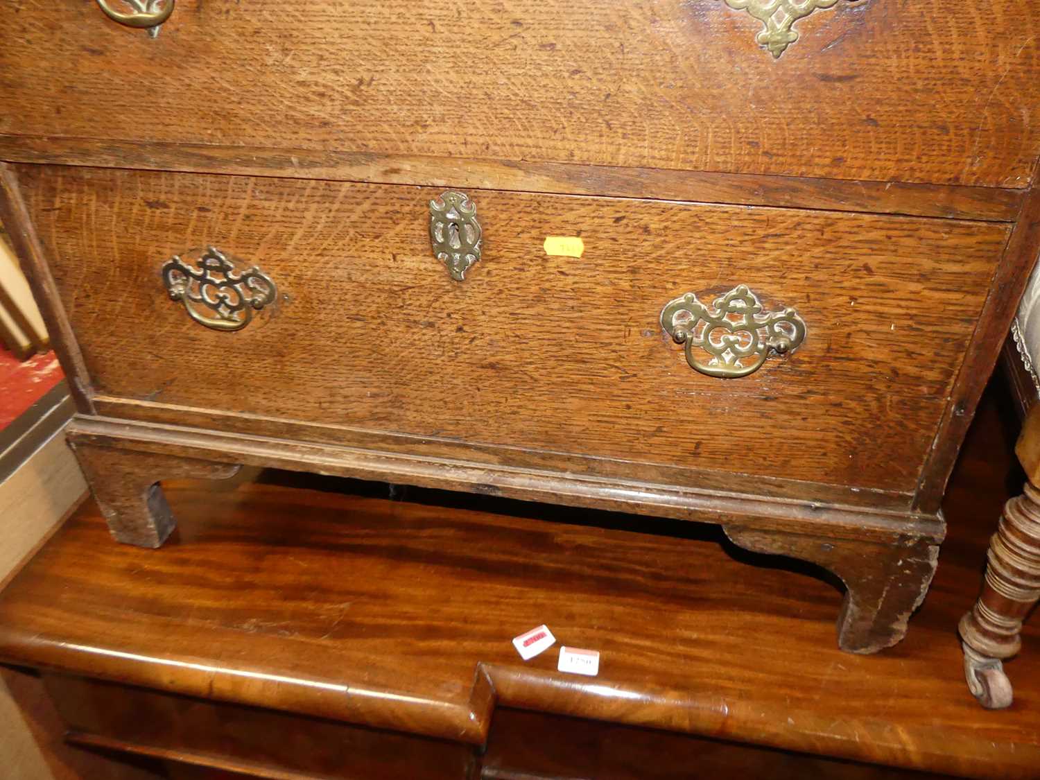 An early 19th century provincial oak slope front three-drawer writing bureau, width 72cm - Image 4 of 4