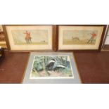 A pair of oak framed sporting prints and a Charles F Tunnicliffe print of badgers (3)