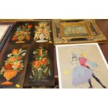 A set of four polychrome painted softwood panels, each 39 x 22cm; an embroidered felt panel; and a