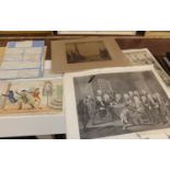 A folio and contents of assorted pictures and prints, to include topographical engravings, colour