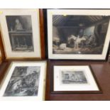 19th century colour mezzotint - Stable scene; together with two 19th century monochrome engravings