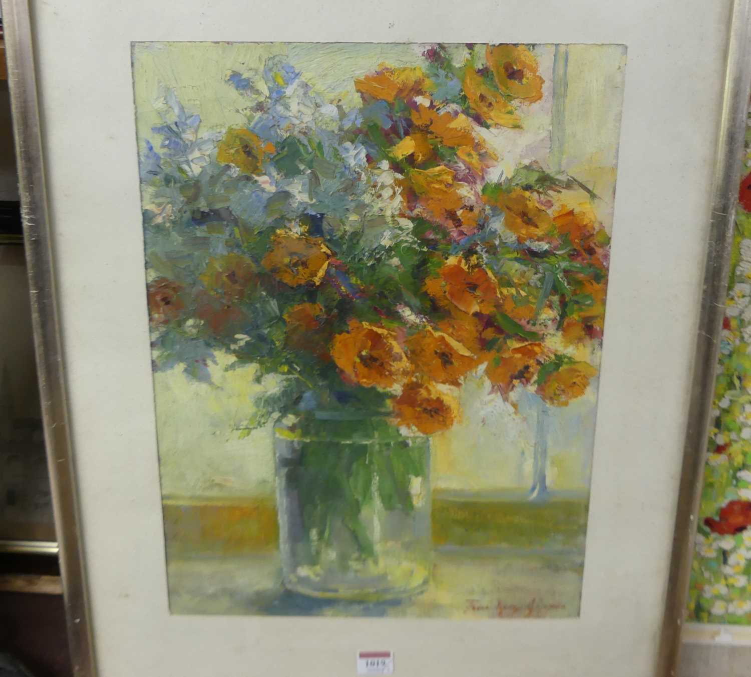 Mid-20th century Greek school - Still life with flowers in a glass vase, oil on paper, signed - Image 2 of 5