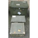 A wooden Russian 7.62mm short ammunition box, together with two green painted aluminium boxes,