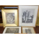 After George Morland - monochrome print; topographical engraving of Oxburgh Hall, Norfolk; other