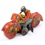 Mettoy (UK) Tinplate Clockwork "Clown on a Motorcycle" - orange, yellow, with blue wheels, clockwork