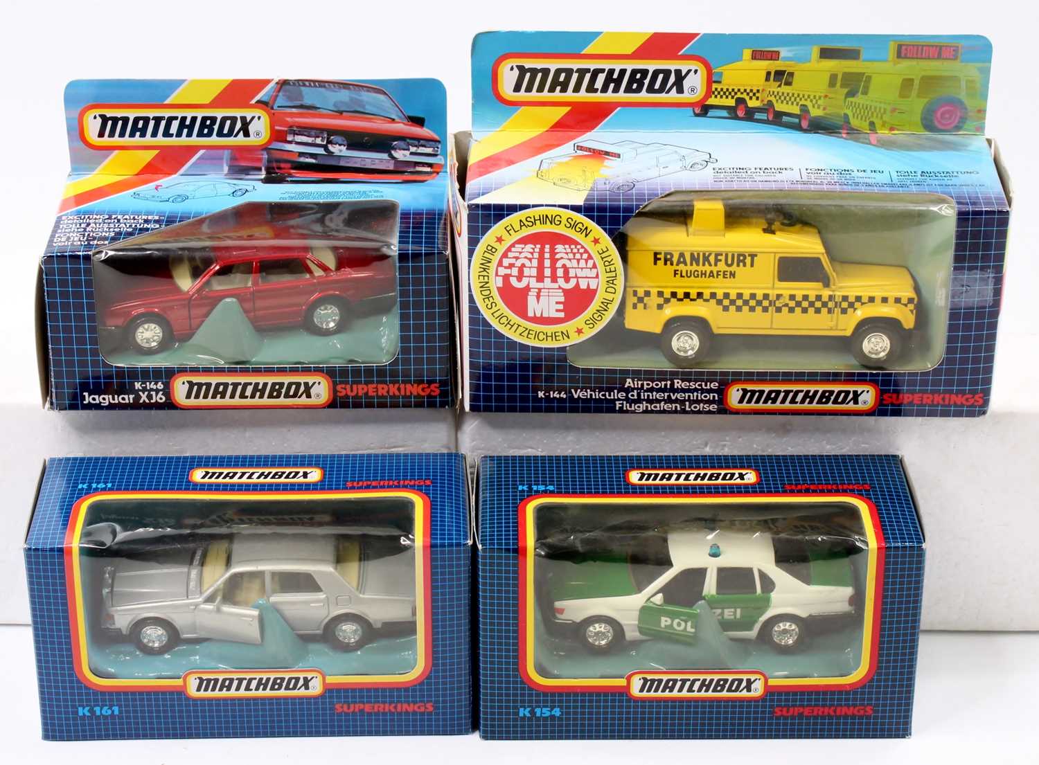 Matchbox Super Kings boxed model group of 4 comprising K146 Jaguar XJ6, K144 Land Rover Airport