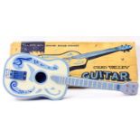 Chad Valley tinplate Guitar, comprising blue and white body with nylon strings, housed in thee