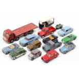 A collection of play-worn and repainted Triang Spot-on diecasts, with examples including an A.E.C.