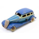 CK Toys tinplate and clockwork saloon, comprising 2 tone blue body with grey and yellow lithographed