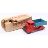 Triang Toys Pressed Steel Model of a 4-Wheel tipper truck, comprising red body and cab with blue