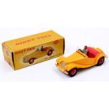 Dinky Toys No. 102, MG Midget Sports, yellow-orange body with red interior and red hubs, with driver