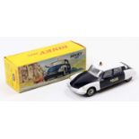 French Dinky Toys No. 501 Citroen DS 19 Police Car comprising a two-tone white and navy blue body,