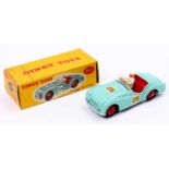 Dinky Toys No. 111 Triumph TR2 sports car, turquoise body with red interior and red hubs, with