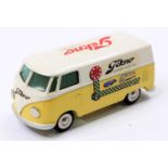 Tekno No.413 VW Transporter Type 1 Van "Tekno", yellow lower body and off white upper, with Tekno