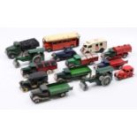 A collection of Triang Minic tinplate clockwork vehicles, with examples including a Loudspeaker