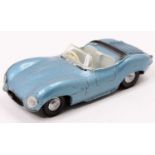 A Triang Spot-On No. 107 Jaguar XKSS with a metallic blue body, light blue interior, and silver trim