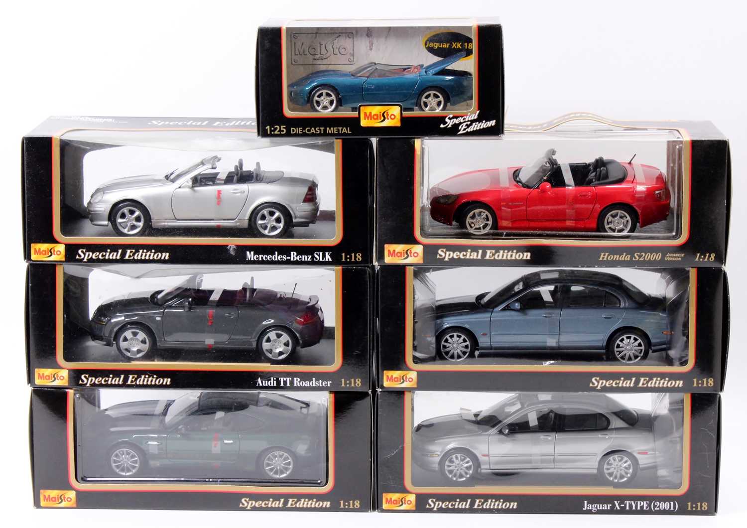 7 Maisto 1/18th and 1/25th scale boxed diecasts, with examples including a Jaguar S-Type, an Audi TT