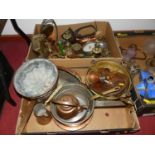 Two boxes of miscellaneous metalware, to include dinner gong, preserve pan, chamberstick, cow