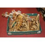 A box of miscellaneous items to include pair of reproduction gilt wall brackets, gilt sunburst