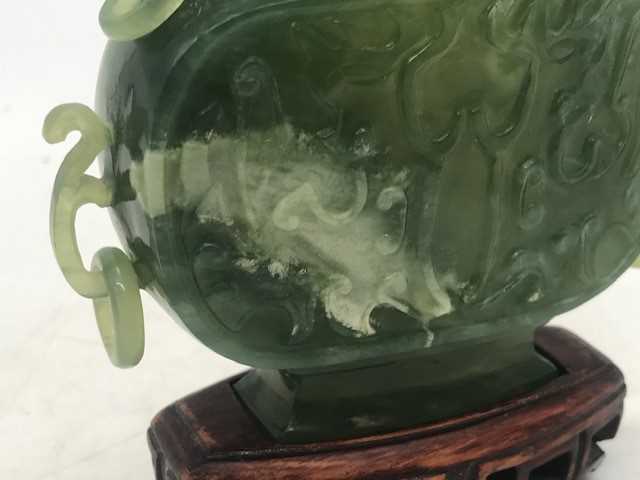 A Chinese spinach jadeite censor, of slab-sided form with raised decoration and loop handles, with - Image 5 of 6