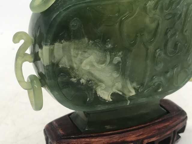 A Chinese spinach jadeite censor, of slab-sided form with raised decoration and loop handles, with - Image 4 of 6