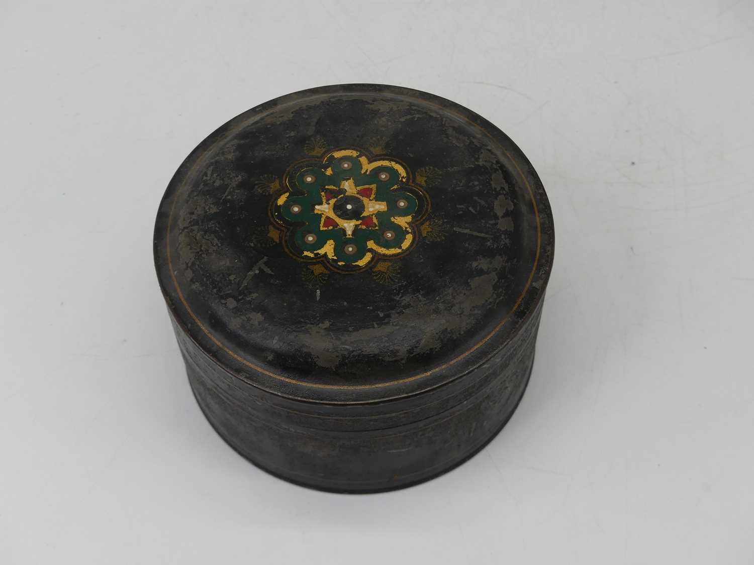 A toleware tin converted to a table lamp, black painted with Ceylon within scroll, height 32cm ( - Image 2 of 3