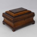 A Victorian rosewood and maple work box, of sarcophagus form, the hinged lid with stellar inlay,