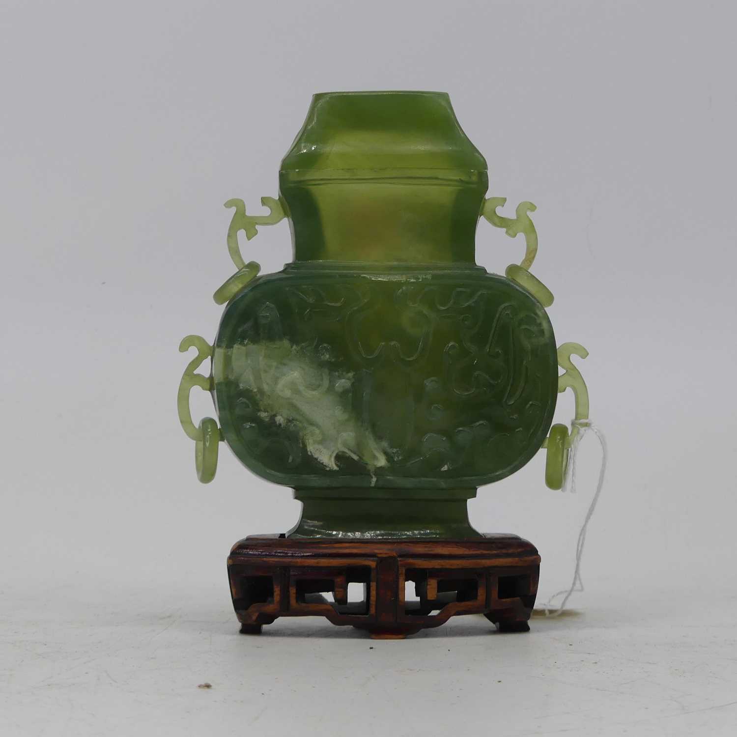 A Chinese spinach jadeite censor, of slab-sided form with raised decoration and loop handles, with - Image 2 of 6