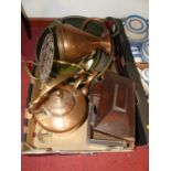 A box of miscellaneous items, to include copper range kettle, brass trivet, brass preserve pan etc