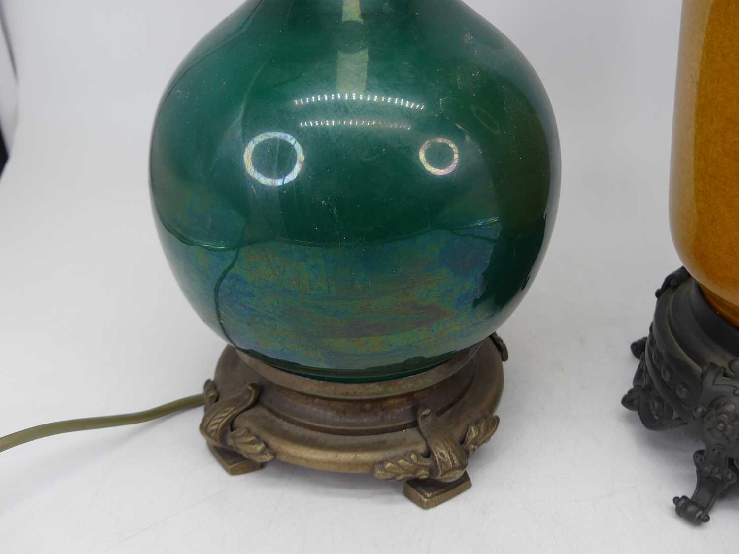 A 20th century ceramic table lamp on a mustard ground with metal fittings, height 70cm including - Image 2 of 4