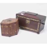 A George III rosewood and box wood inlaid tea caddy of hexagonal form, the hinged lid opening to