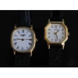 A ladies Longines gold plated quartz wrist watch with leather bracelet, case dia. 22mm, together