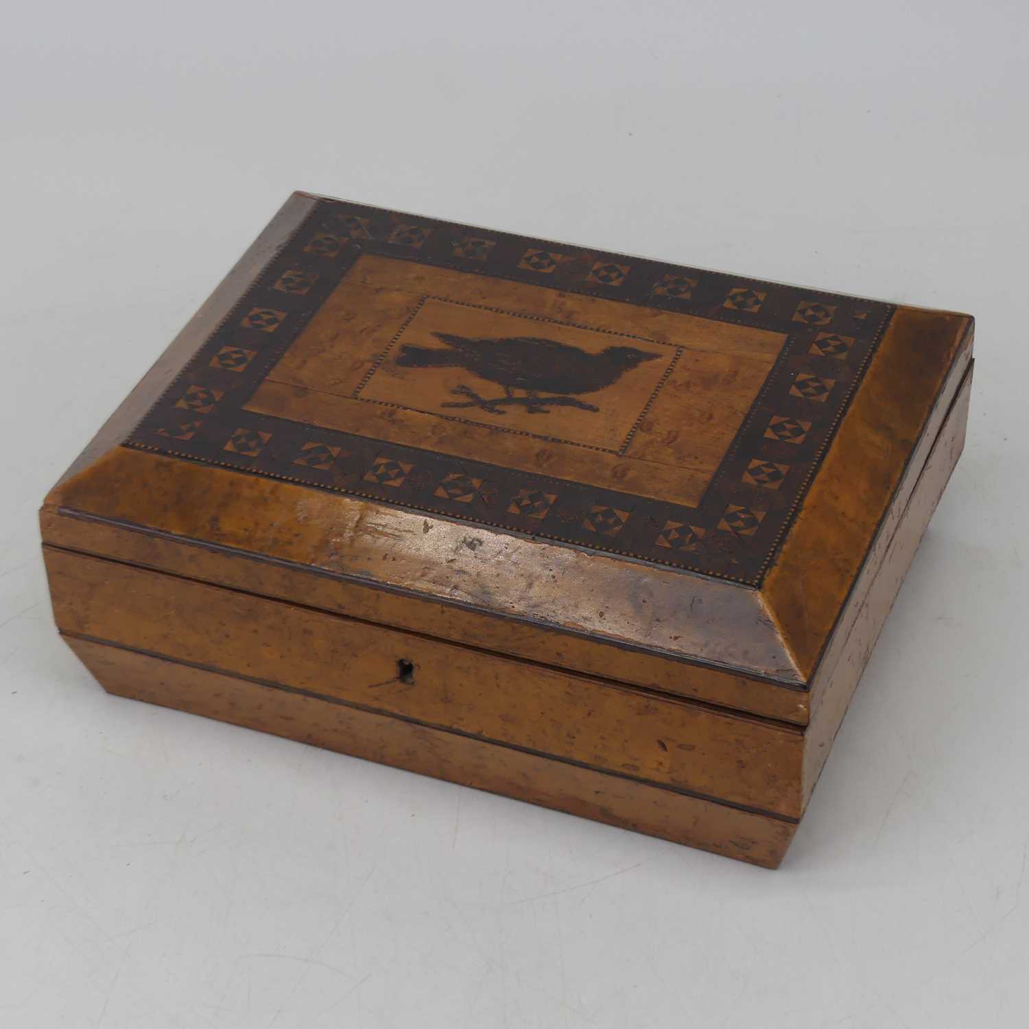 A Victorian walnut, rosewood and Tunbridge ware box, of sarcophagus form, the hinged lid inlaid with