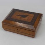 A Victorian walnut, rosewood and Tunbridge ware box, of sarcophagus form, the hinged lid inlaid with