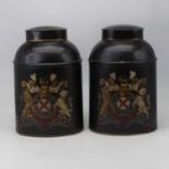 A pair of modern black painted toleware tea canisters, each transfer printed with a royal crest,