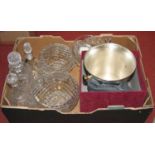 A box of miscellaneous glassware to include rose bowls, decanters, together with a modern silver
