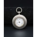 An American fine silver cased keyless pocket watch, having unsigned white enamel Roman dial, and