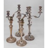 A pair of 20th century Old Sheffield plate three-sconce table candelabra, h.46cm; together with a