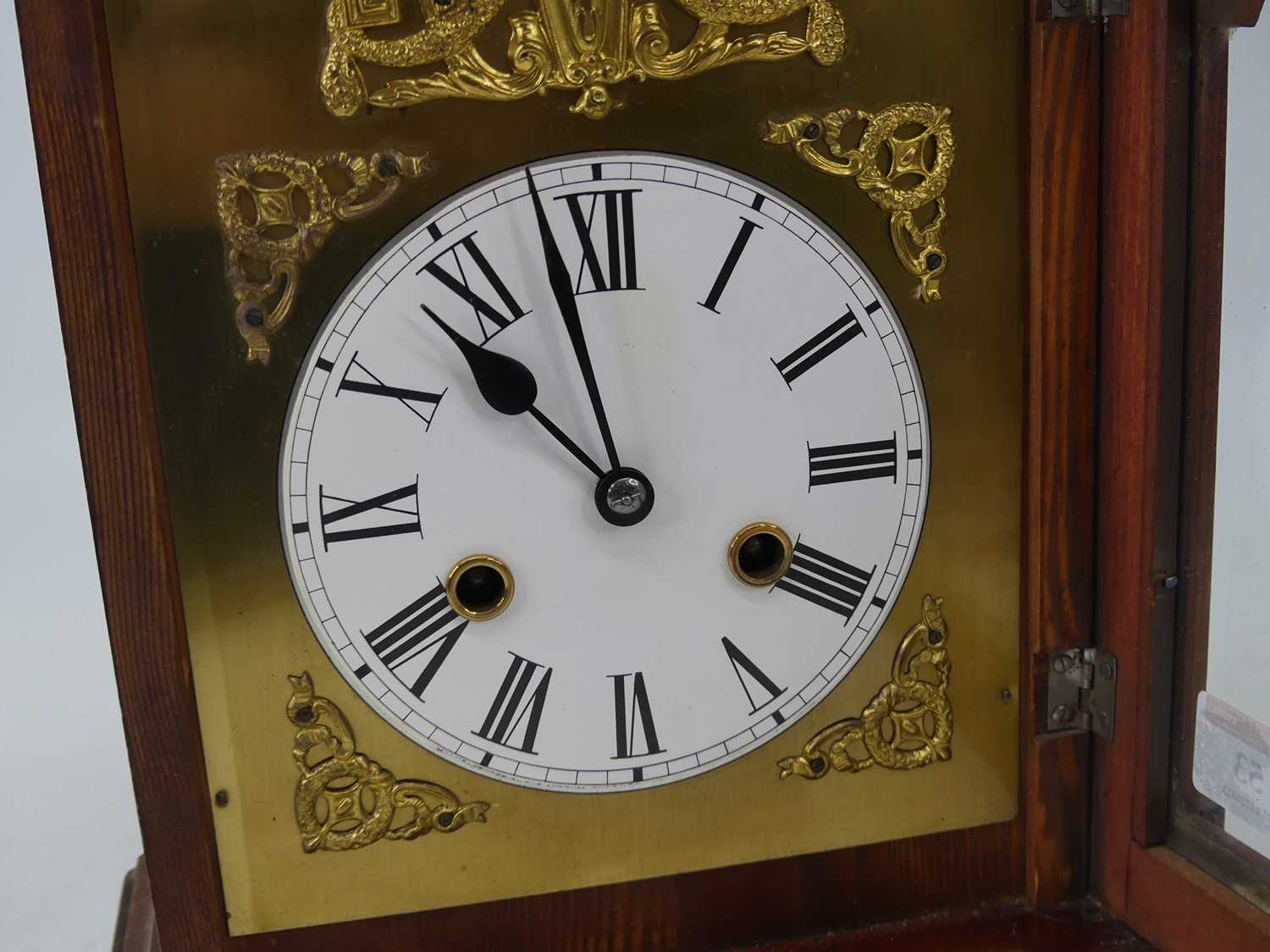 A late 19th century continental stained pine cased mantel clock, of architectural form, the arched - Image 2 of 3