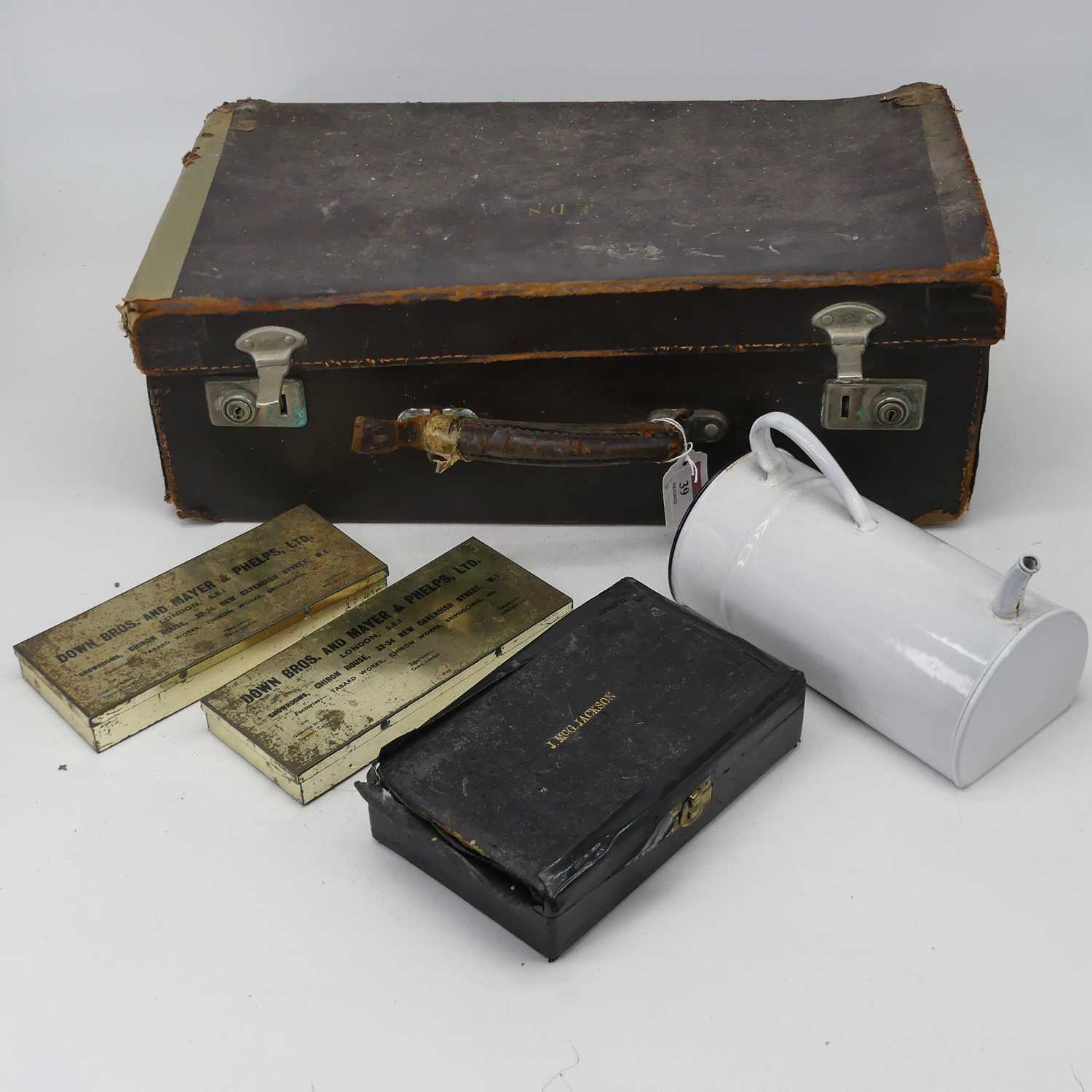 A collection of assorted medical equipment, to include doctor's leather case, the hinged lid