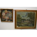 An early 20th century embroidered panel depicting a stately home within grounds, titled Earlham