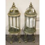 A pair of large modern painted metal and glazed dome topped outside lanterns, with scrolling